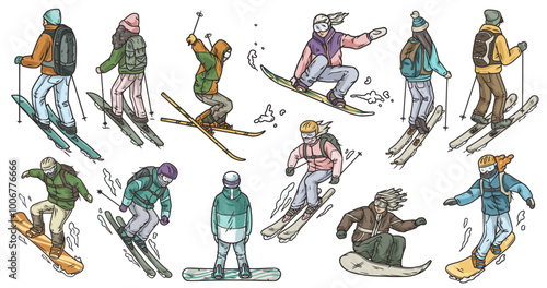 Set of diverse people snowboarding and skiing wearing winter clothes. Perfect for representing winter sports concepts