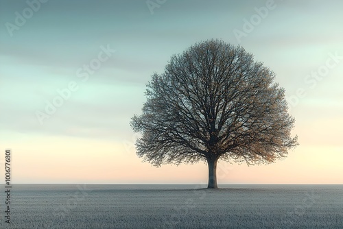 A lone, bare-branched tree stands tall against a soft, pastel sky at dawn.