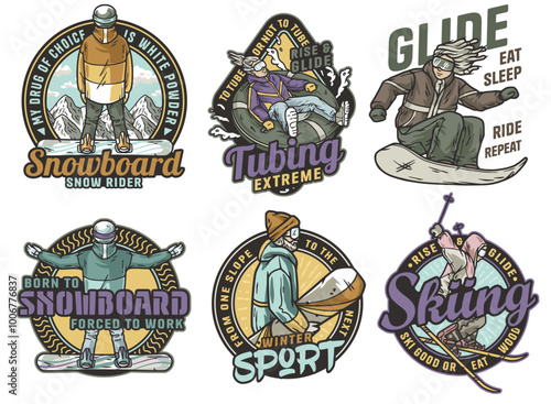 Set of six colorful vintage badges featuring snowboarders enjoying their favorite sport and a skier speeding down the slopes
