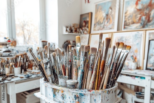 White atelier. A painter or artist atelier, craft room, with white interior. A room full of brushes and canvases  photo