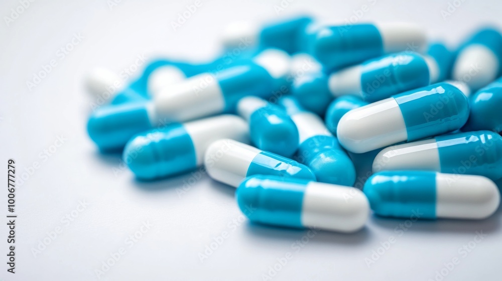 A pile of blue and white medical pills on a plain background A pile of blue and white medical pills on a plain background