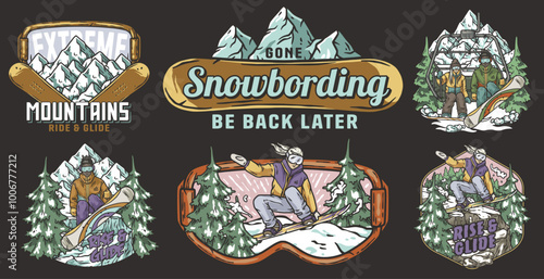 Set of vintage snowboarding emblems featuring snowboarders enjoying winter sports in snowy mountains. Perfect for winter sports enthusiasts and apparel designs