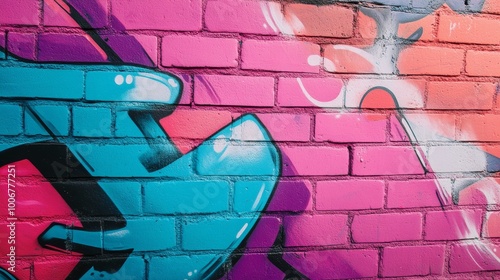 Bright graffiti featuring vivid blue and pink shapes artistically painted on a textured brick wall background.