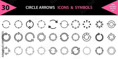 circle arrows icon & symbol in outline style with black & white color. 