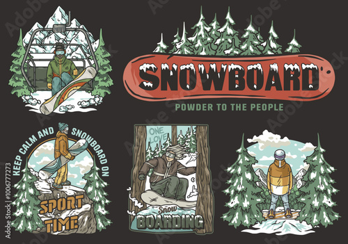 Set of vintage snowboarding designs featuring snowboarders riding in snowy mountain landscapes, waiting for the ski lift and enjoying winter sports