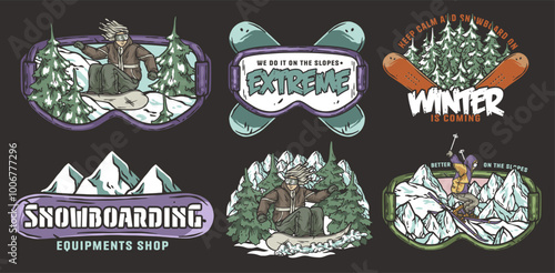 Set of snowboarding emblems with snowboarders riding downhill and stylish vintage typography quotes about winter sports