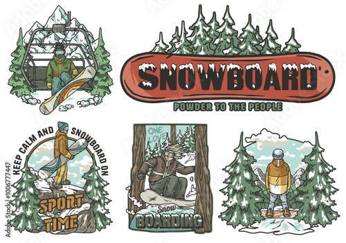 Set of vintage snowboarding designs featuring snowboarders riding in snowy mountain landscapes, waiting for the ski lift and enjoying winter sports