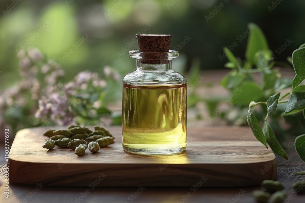 banner design featuring a glass bottle of cardamom oil on a wooden board, promoting organic skincare and aromatherapy banner design featuring a glass bottle of cardamom oil on a wooden board, promoting organic skincare and aromatherapy