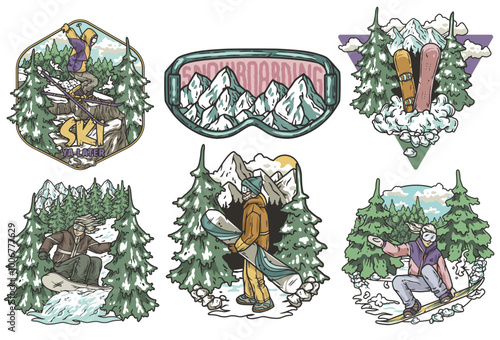 Set of snowboarding and skiing colorful vintage badges with snowboarders and skiers riding on snowy mountain slopes, pines and sun on background