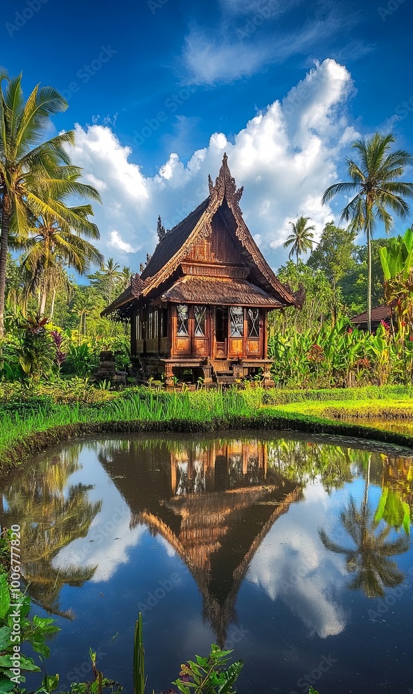 Traditional wooden house with a reflection in a pond, surrounded by palm trees and lush greenery. Traditional wooden house with a reflection in a pond, surrounded by palm trees and lush greenery.