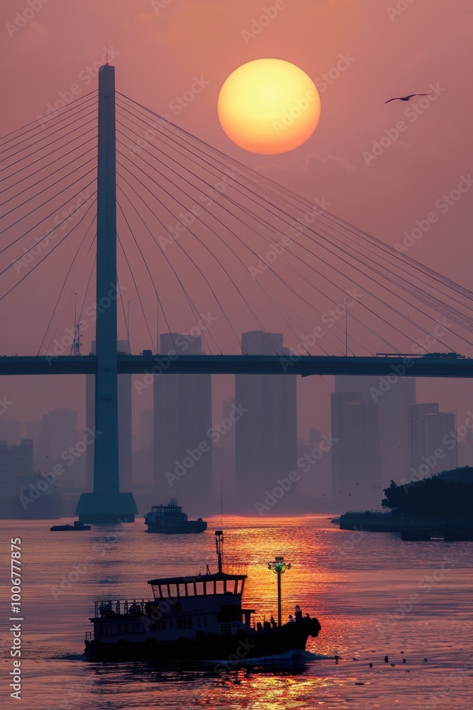 Obraz premium A boat floats on calm waters, accompanied by a majestic bridge in the distance