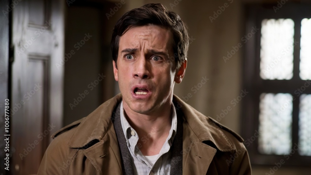 A man with a shocked expression. He is wearing a brown coat and a white shirt A man with a shocked expression. He is wearing a brown coat and a white shirt