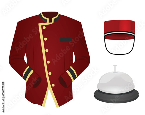 Red hotel receptionist uniform with bell. vector
