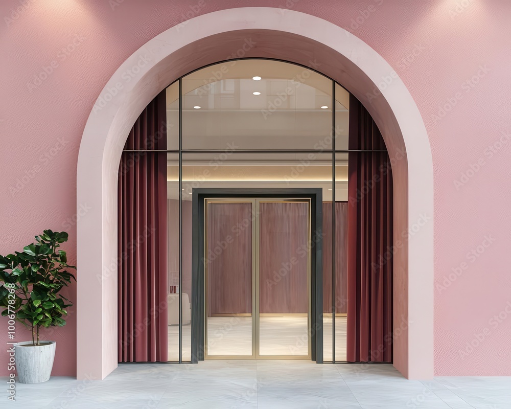 Elegant beauty salon storefront with archway entrance, large glass windows, velvet curtains, upscale decor, Beauty Salon, Elegant Design Elegant beauty salon storefront with archway entrance, large glass windows, velvet curtains, upscale decor, Beauty Salon, Elegant Design
