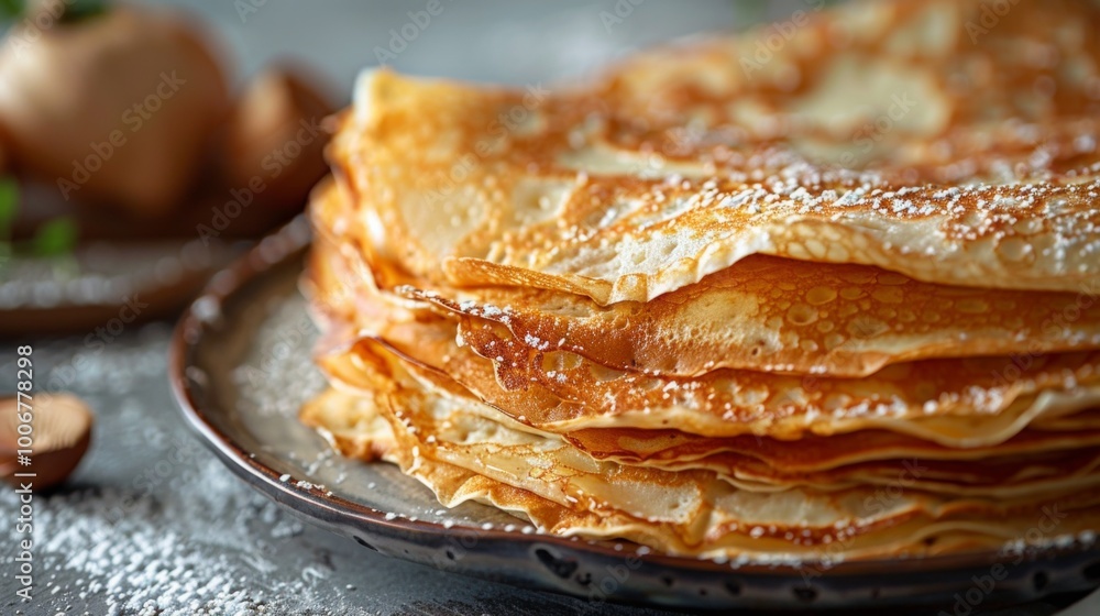 Stack of pancakes crepes on plate isolated on white table texture background, top view Stack of pancakes crepes on plate isolated on white table texture background, top view