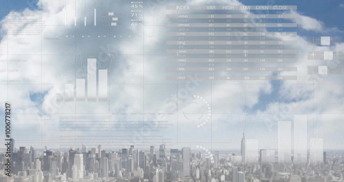 Image of charts processing data over cloudy sky and cityscape