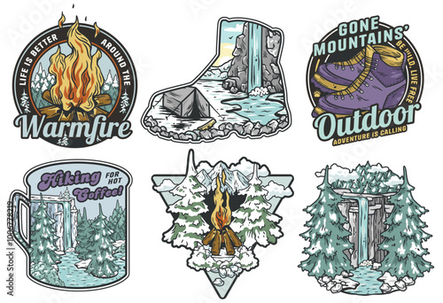 Set of vintage colorful badges with snowy forest landscapes, bonfire, hiking boots and waterfall for winter camping adventure club