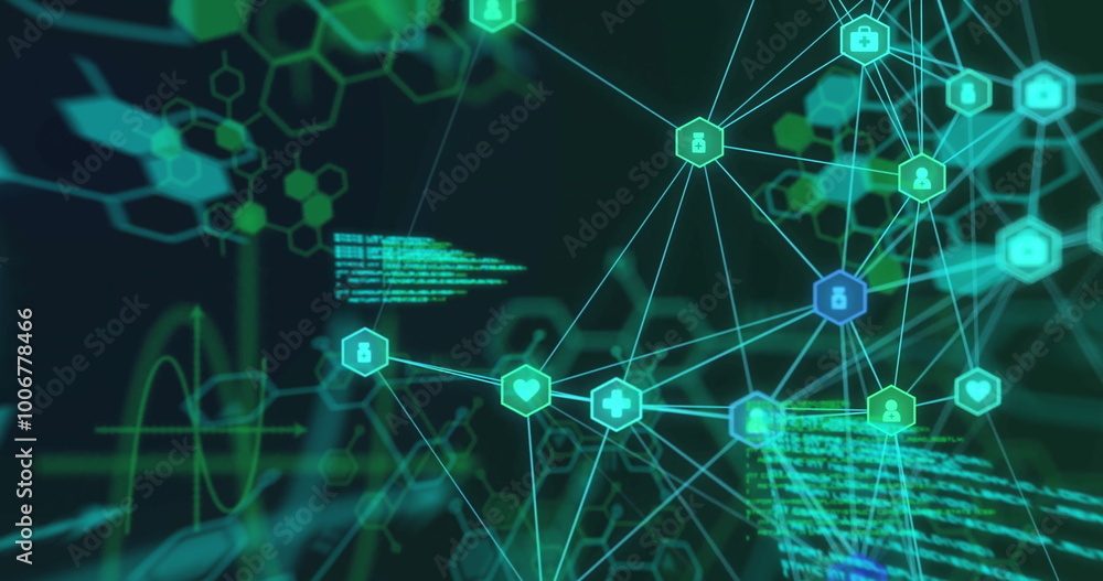 Image of chemical formula with connections and data processing on black background Image of chemical formula with connections and data processing on black background