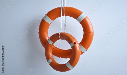 Two orange life preservers, one larger than the other, hanging from a white wall by a white string. photo