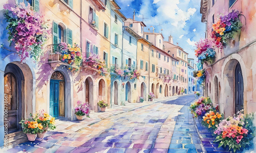 Watercolor of winding street in a colorful Italian coastal town