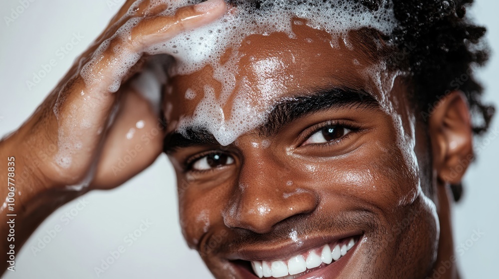 Young man smiling while shampooing his hair at home in a well-lit bathroom, enjoying a self-care moment and maintaining his curly hairstyle during the morning routine Young man smiling while shampooing his hair at home in a well-lit bathroom, enjoying a self-care moment and maintaining his curly hairstyle during the morning routine