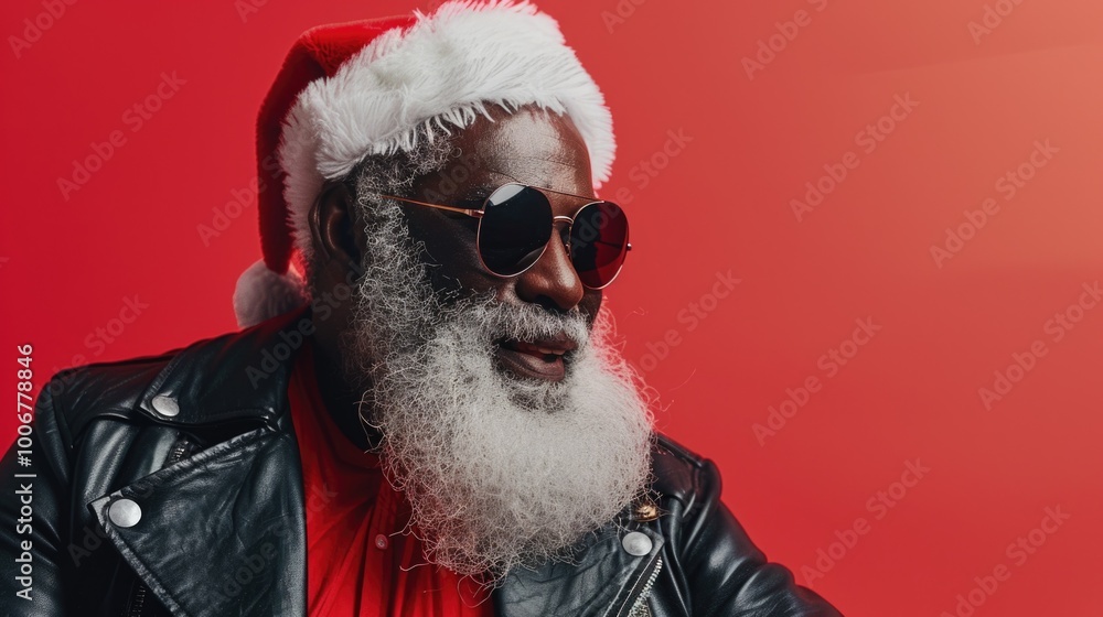 A person wearing a Santa hat and sunglasses, smiling at the camera A person wearing a Santa hat and sunglasses, smiling at the camera