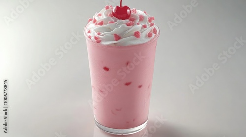 A classic strawberry milkshake topped with whipped cream and a cherry, presented on a clean white background to highlight its vibrant color and creamy texture.