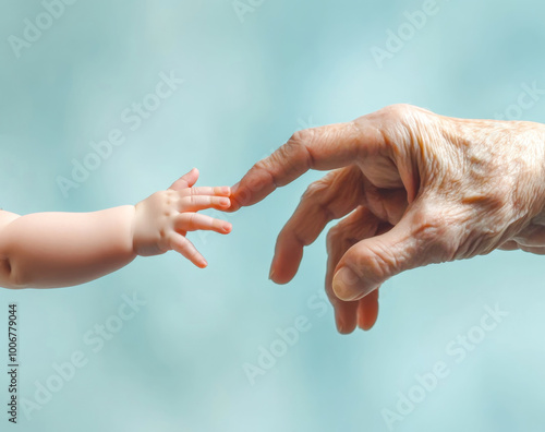 A delicate moment shared between a baby's hand and an elderly person's hand against a soft, light background, symbolizing connection and the cycle of life across generations