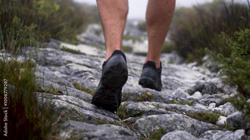 Close up clip of a mans strong calves as he runs over rocky terrain on an overcast day Close up clip of a mans strong calves as he runs over rocky terrain on an overcast day
