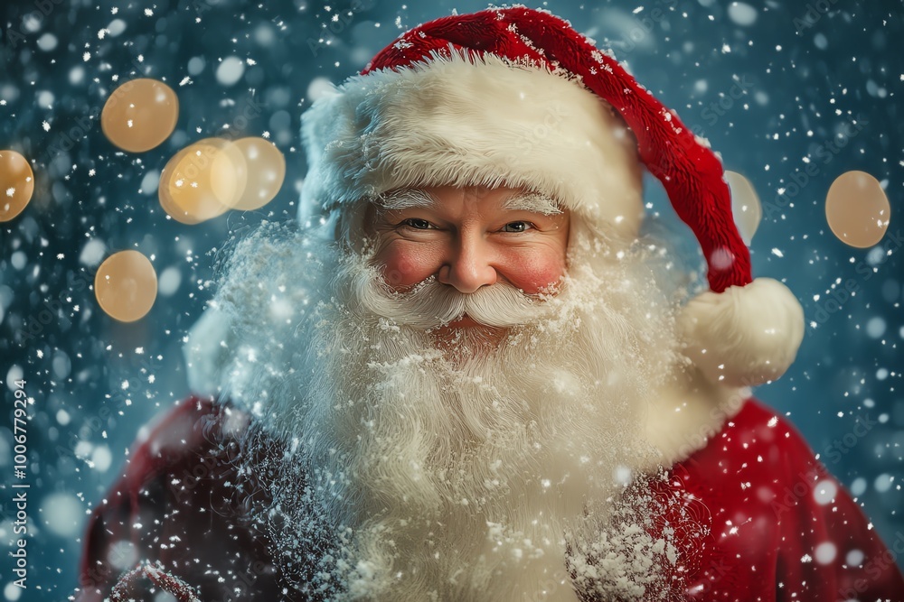 Cheerful Santa Claus smiling in a snowy winter background with festive lights. Cheerful Santa Claus smiling in a snowy winter background with festive lights.