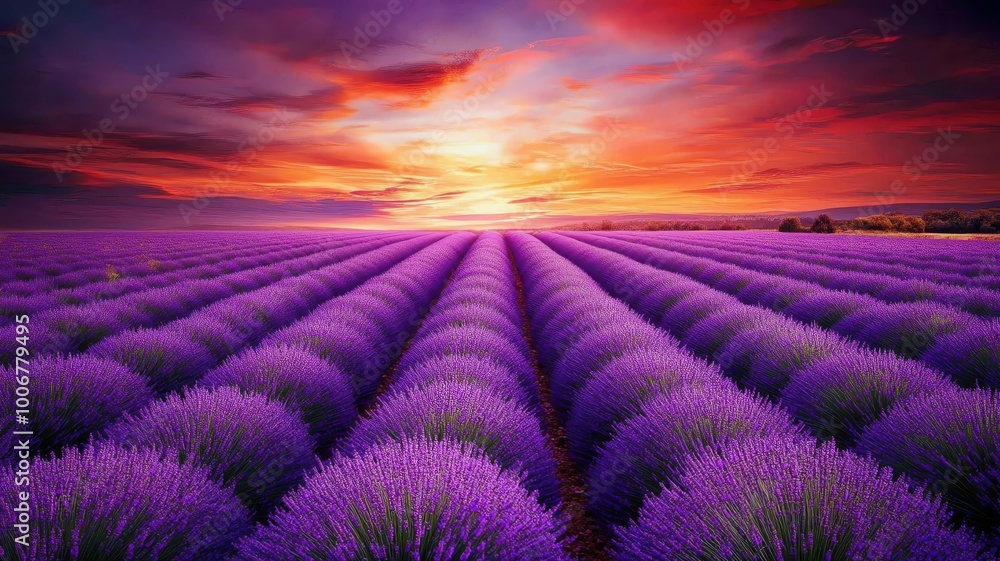 Vibrant lavender field at sunset with golden light. Vibrant lavender field at sunset with golden light.