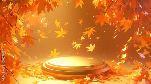 Autumn leaves fall around a golden pedestal.