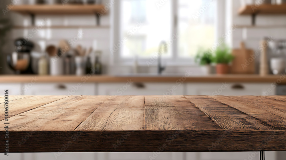 Warm wooden table top against a vibrant kitchen setting Warm wooden table top against a vibrant kitchen setting