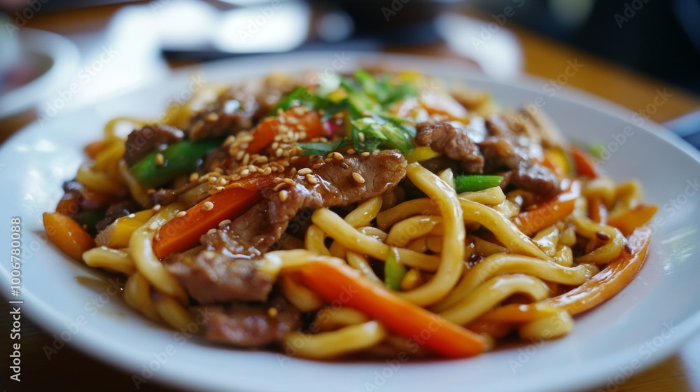A vibrant udon stir-fry dish featuring thick noodles tossed with colorful vegetables and sliced meat, served on a white plate, showcasing the freshness and appetizing colors. A vibrant udon stir-fry dish featuring thick noodles tossed with colorful vegetables and sliced meat, served on a white plate, showcasing the freshness and appetizing colors.