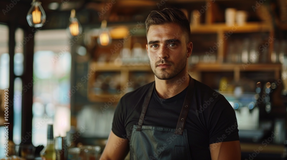 A person wearing an apron stands behind the counter of a bar, ready to serve customers A person wearing an apron stands behind the counter of a bar, ready to serve customers