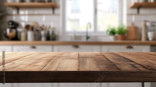 Warm wooden table top against a vibrant kitchen setting