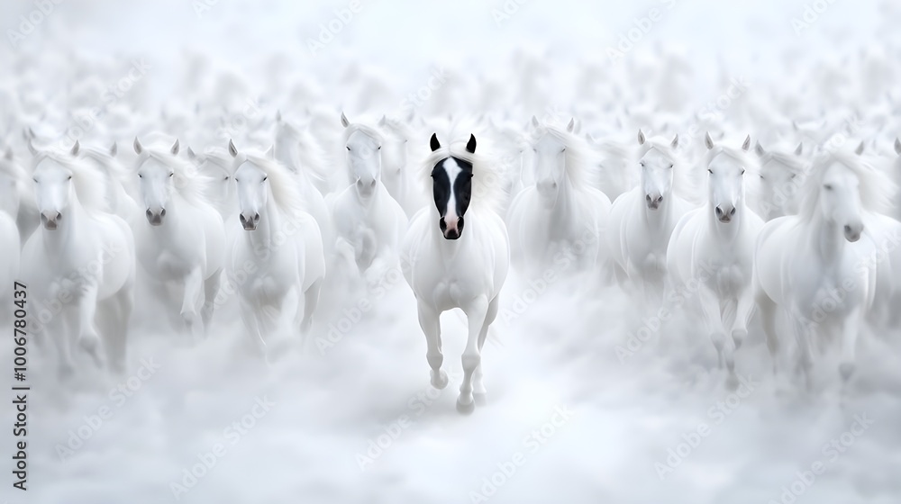 Naklejka premium 3w A massive herd of white horses, with one black horse standing out in the center. The scene is captured from an overhead perspective, showcasing over a thousand majestic and graceful pure-white hors
