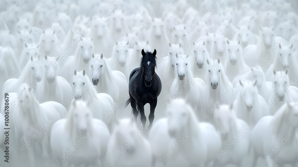 Obraz premium 3w A massive herd of white horses, with one black horse standing out in the center. The scene is captured from an overhead perspective, showcasing over a thousand majestic and graceful pure-white hors