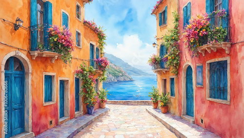 Vibrant watercolor of winding street in Italian coastal town by Ai