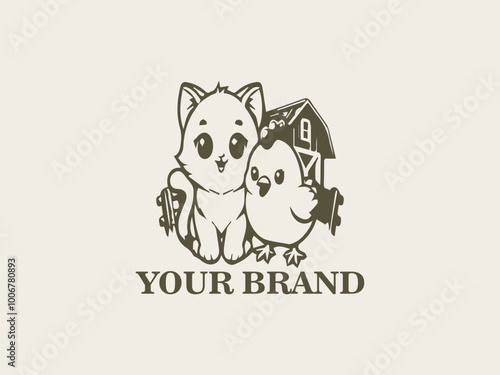 Vector Logo of Cute Cats and Chickens Little Farm Friends, Farm Animal Character Designs, Cats and Chickens in the Wild photo