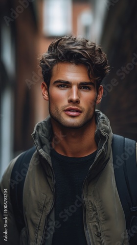 A young man with tousled hair poses confidently against a textured wall in an urban setting, showcasing casual fashion and a calm expression during the afternoon