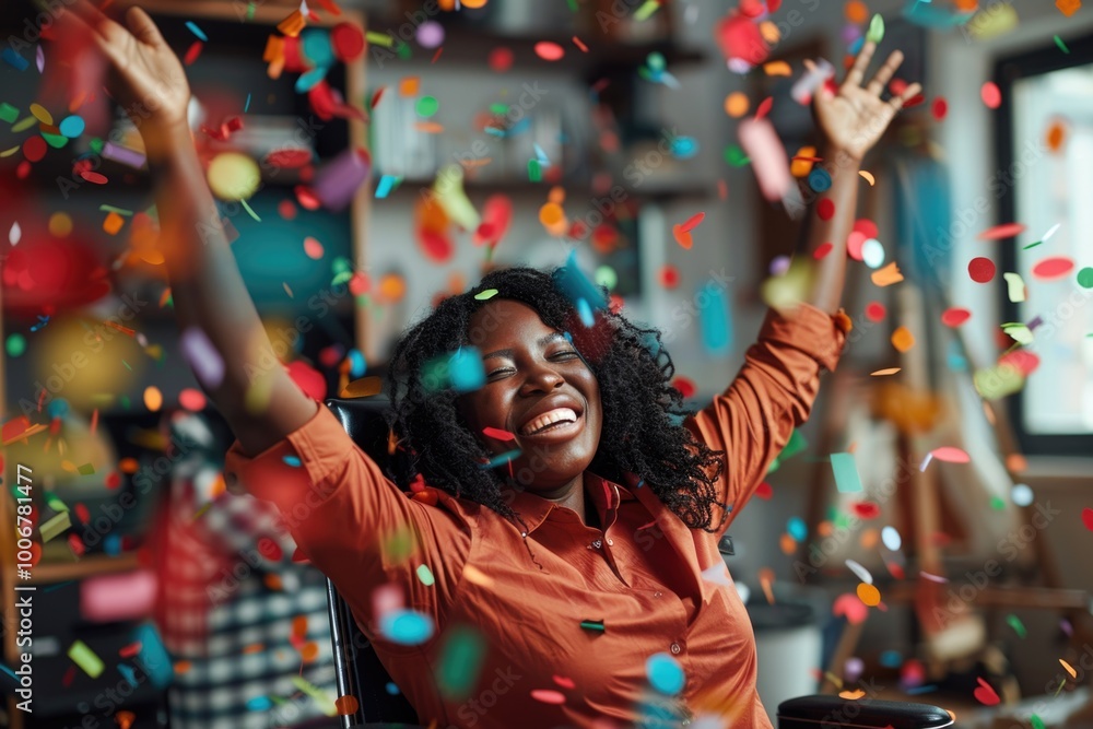 Obraz premium Confetti fills the air as a woman sits at a table, surrounded by joyful atmosphere