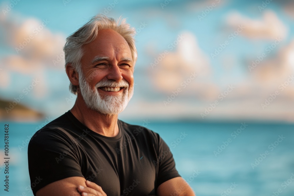 An elderly fitness man build smiling, he is standing on the berg of the sea An elderly fitness man build smiling, he is standing on the berg of the sea