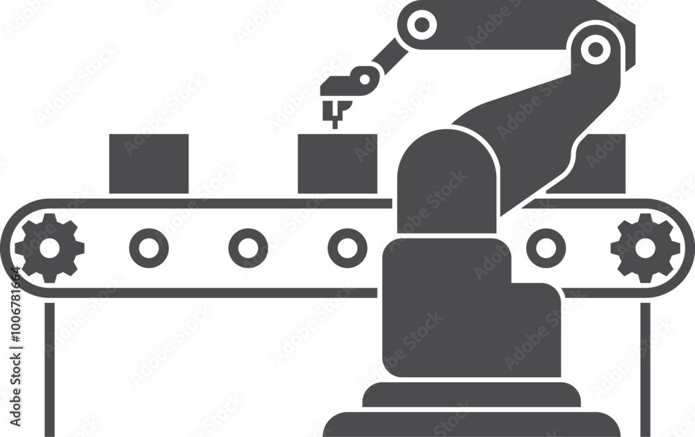 Obraz premium Robotic arm on production line belt black icon