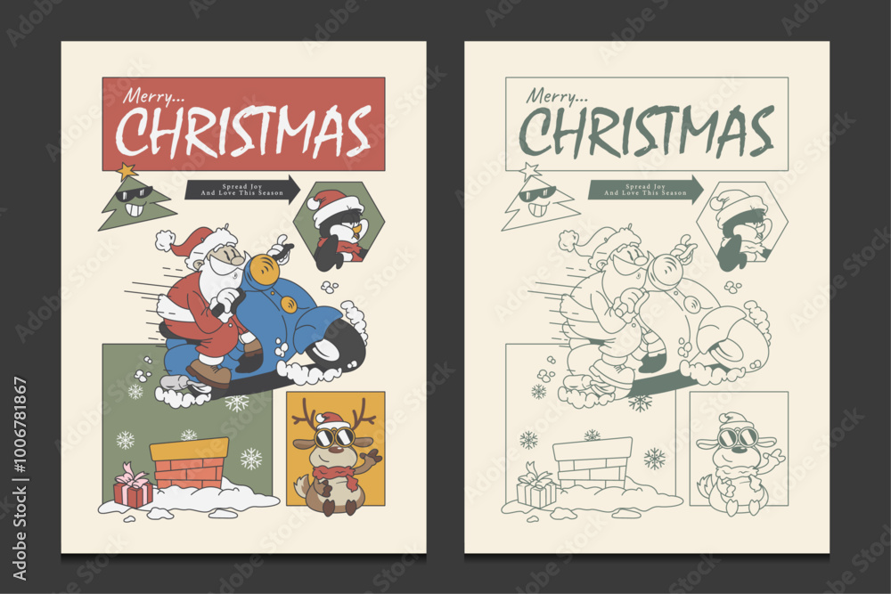 Fototapeta premium Christmas greeting card, poster or graphic t-shirt design with retro mascot cartoon characters, vector illustration