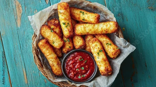 Wallpaper Mural Crispy Cheese Sticks with Marinara Sauce on Wooden Table Torontodigital.ca
