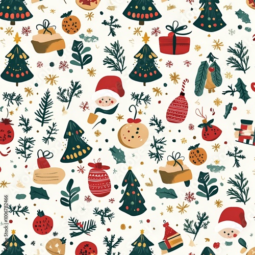 Festive Christmas Seamless Pattern with Santa Claus, Gifts, and Holiday Decorations.