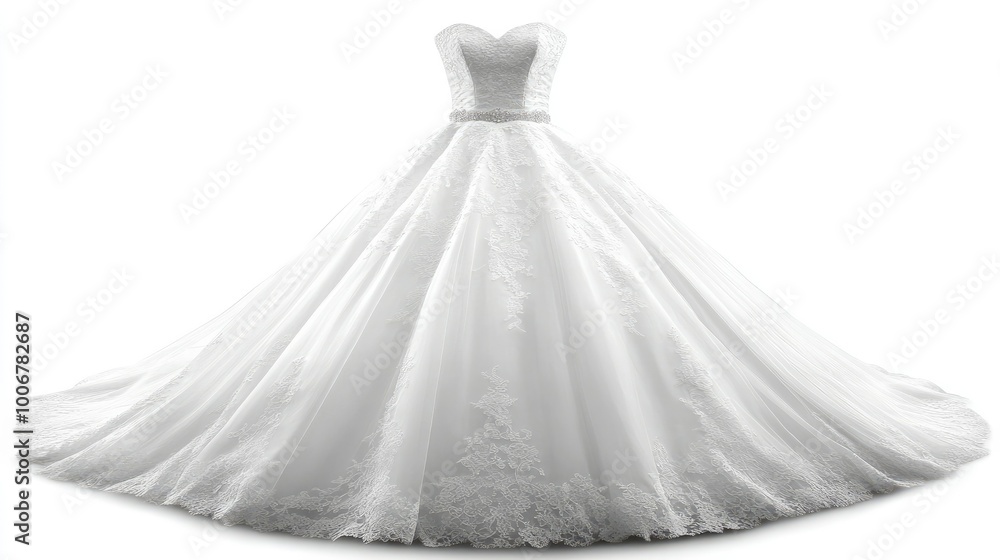 Obraz premium A close-up of a formal wedding gown with intricate lace details, beautifully arranged on a white background to highlight its craftsmanship and elegance.