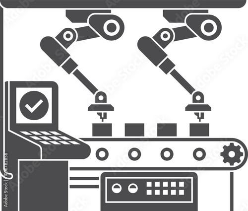 Manufacture automation black icon. Industrial robotic arms on conveyor
