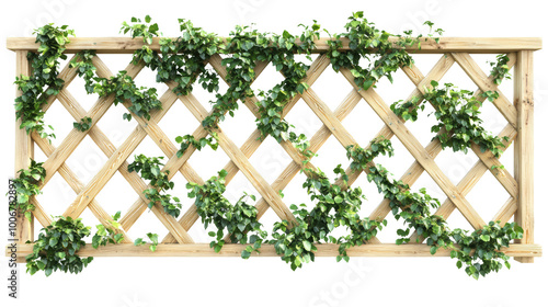 Wooden trellis with green climbing plants, ideal for garden decor. Natural lattice design with lush foliage adds beauty to outdoor spaces.